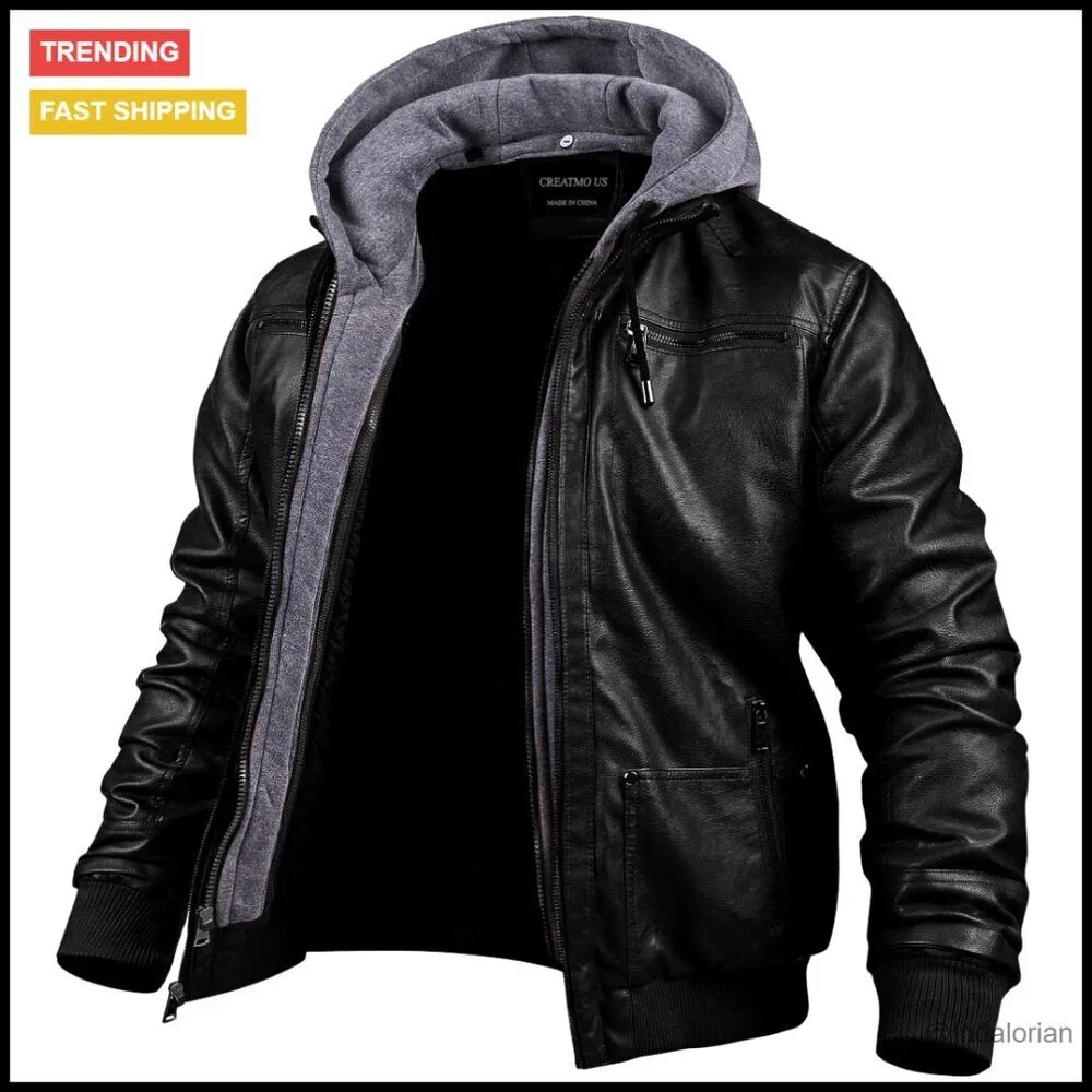 Men's Faux Leather Motorcycle Jacket Waterproof Windproof Bomber Hoodie Vintage